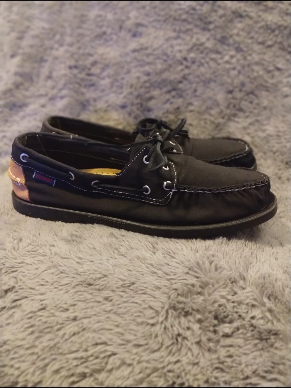 Sebago Black Boat Shoes with Tan Heel Patch
